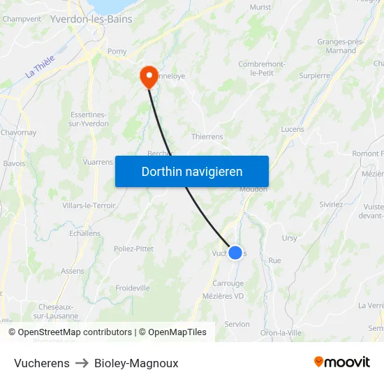 Vucherens to Bioley-Magnoux map