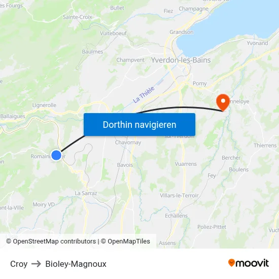 Croy to Bioley-Magnoux map