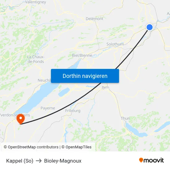 Kappel (So) to Bioley-Magnoux map