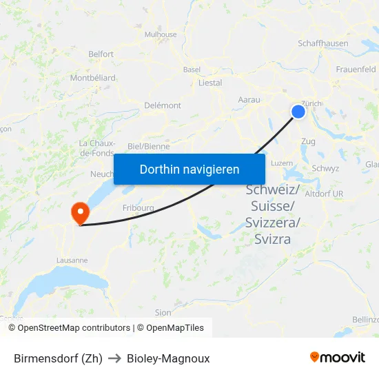 Birmensdorf (Zh) to Bioley-Magnoux map