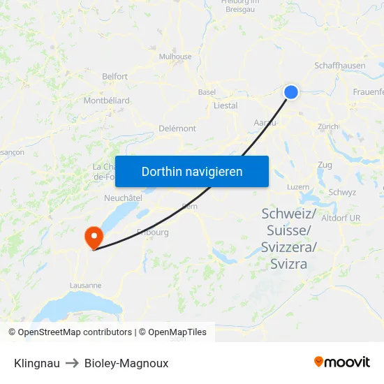 Klingnau to Bioley-Magnoux map
