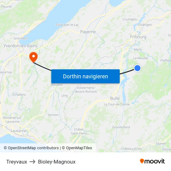 Treyvaux to Bioley-Magnoux map