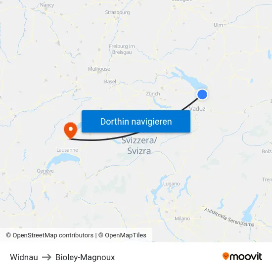 Widnau to Bioley-Magnoux map