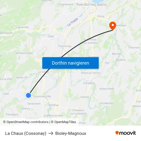 La Chaux (Cossonay) to Bioley-Magnoux map