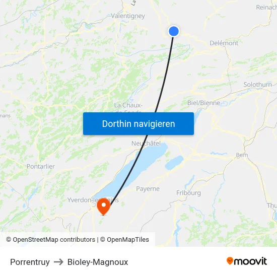 Porrentruy to Bioley-Magnoux map