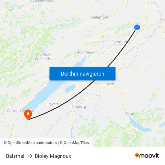 Balsthal to Bioley-Magnoux map