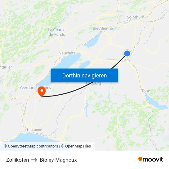 Zollikofen to Bioley-Magnoux map