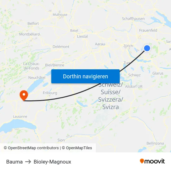 Bauma to Bioley-Magnoux map