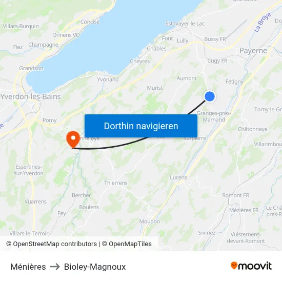 Ménières to Bioley-Magnoux map