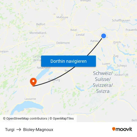 Turgi to Bioley-Magnoux map