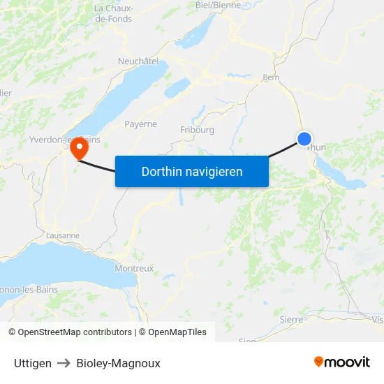 Uttigen to Bioley-Magnoux map