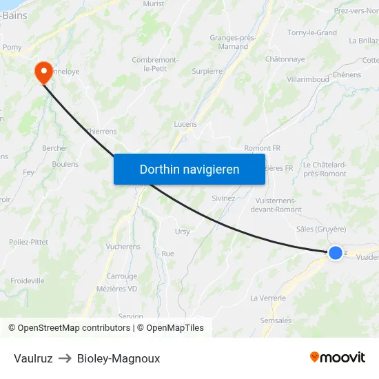 Vaulruz to Bioley-Magnoux map
