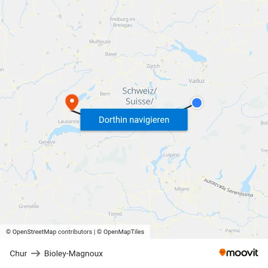 Chur to Bioley-Magnoux map