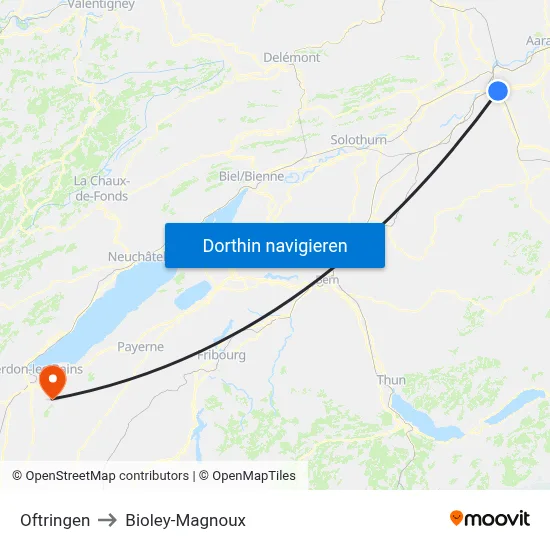 Oftringen to Bioley-Magnoux map