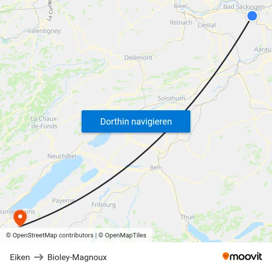 Eiken to Bioley-Magnoux map