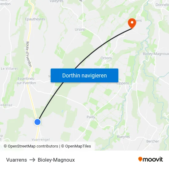 Vuarrens to Bioley-Magnoux map