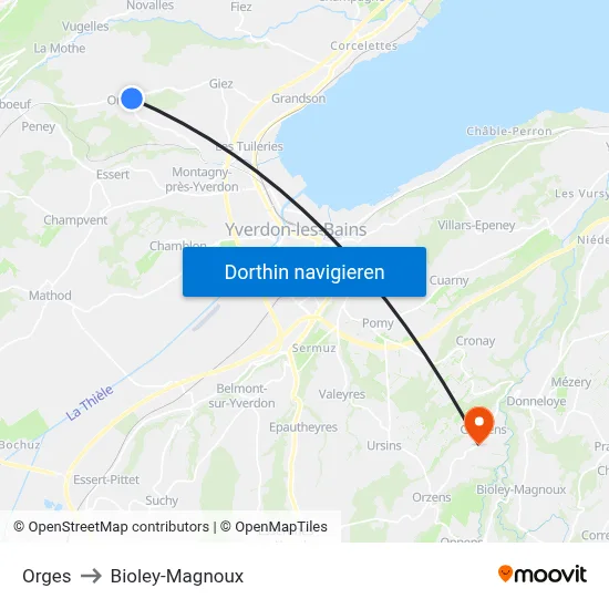 Orges to Bioley-Magnoux map