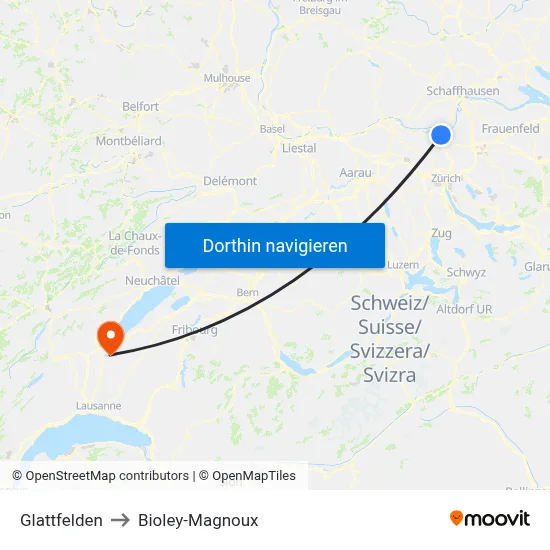 Glattfelden to Bioley-Magnoux map