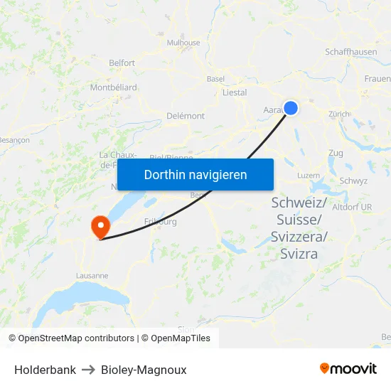 Holderbank to Bioley-Magnoux map