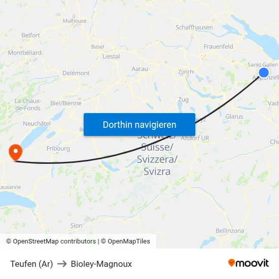 Teufen (Ar) to Bioley-Magnoux map