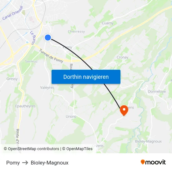 Pomy to Bioley-Magnoux map