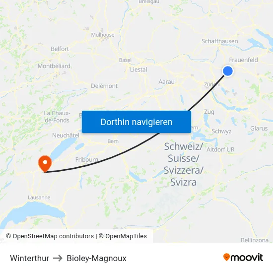 Winterthur to Bioley-Magnoux map