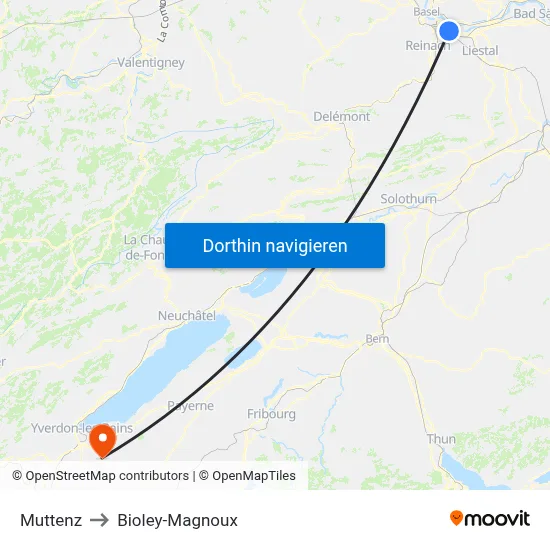 Muttenz to Bioley-Magnoux map