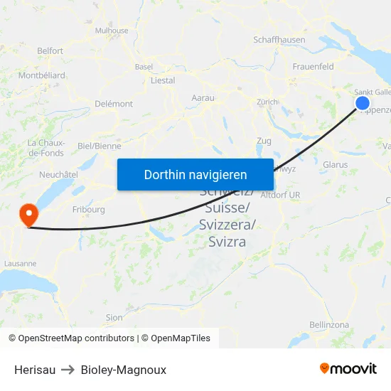 Herisau to Bioley-Magnoux map