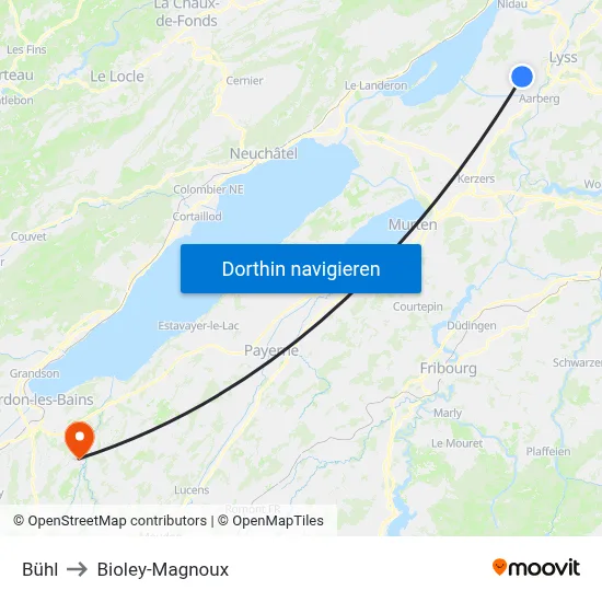 Bühl to Bioley-Magnoux map