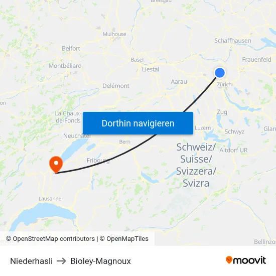 Niederhasli to Bioley-Magnoux map