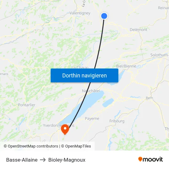 Basse-Allaine to Bioley-Magnoux map