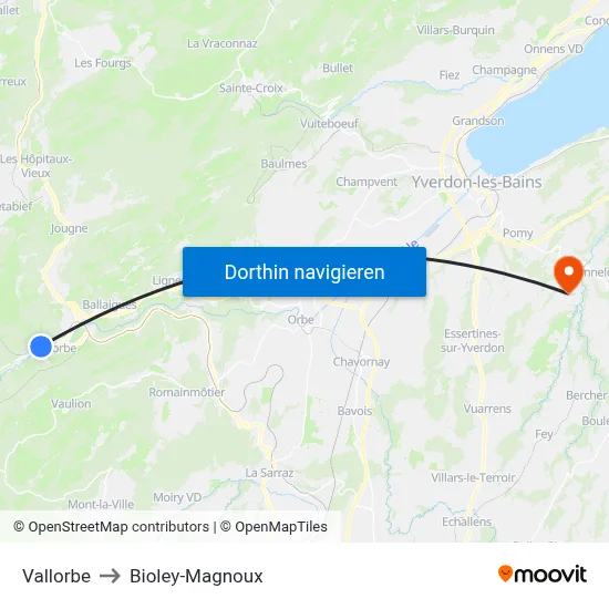 Vallorbe to Bioley-Magnoux map
