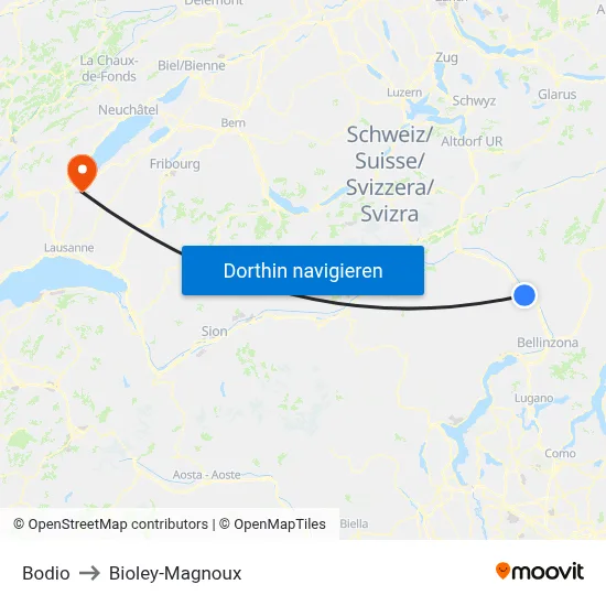 Bodio to Bioley-Magnoux map
