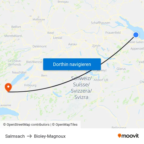 Salmsach to Bioley-Magnoux map