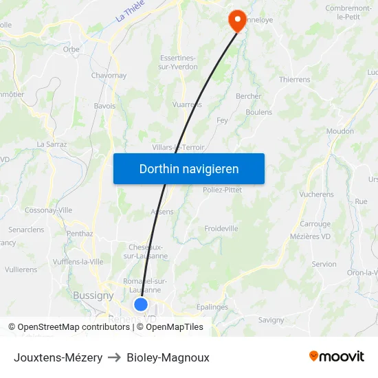 Jouxtens-Mézery to Bioley-Magnoux map