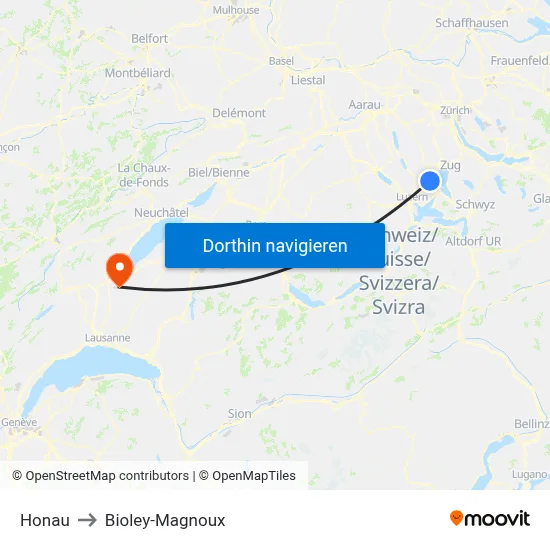 Honau to Bioley-Magnoux map