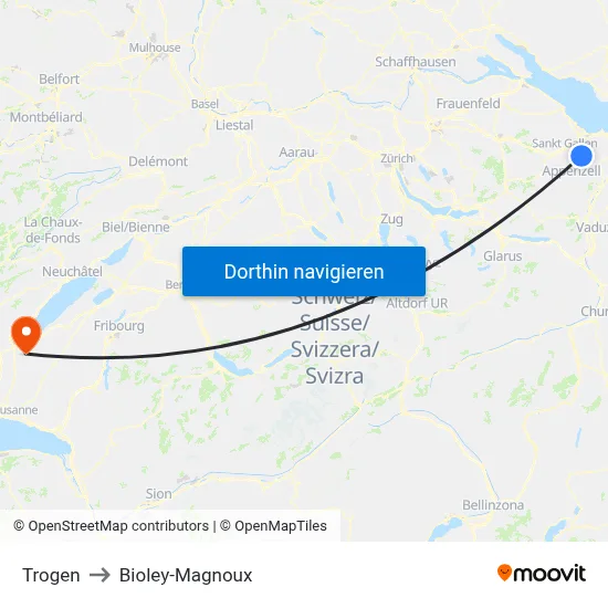 Trogen to Bioley-Magnoux map