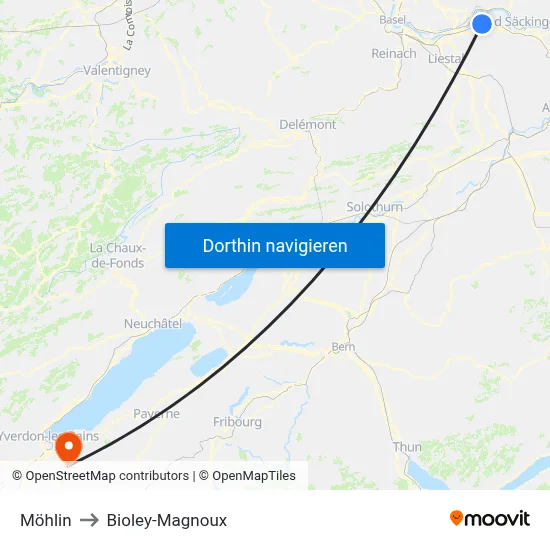 Möhlin to Bioley-Magnoux map