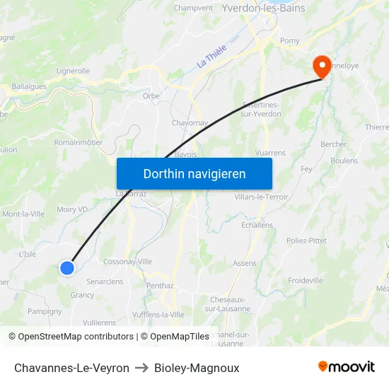 Chavannes-Le-Veyron to Bioley-Magnoux map