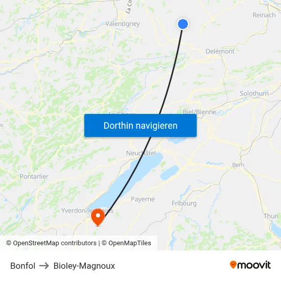 Bonfol to Bioley-Magnoux map