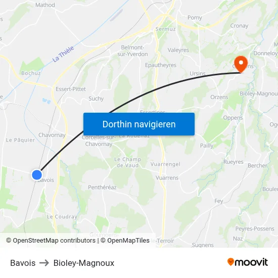 Bavois to Bioley-Magnoux map