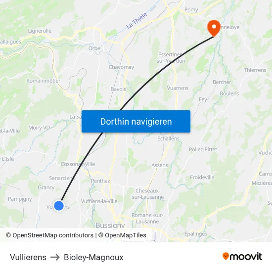 Vullierens to Bioley-Magnoux map