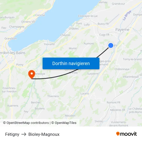 Fétigny to Bioley-Magnoux map