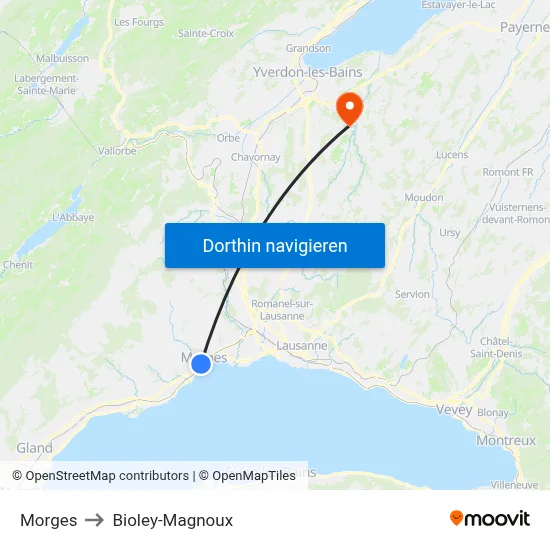 Morges to Bioley-Magnoux map