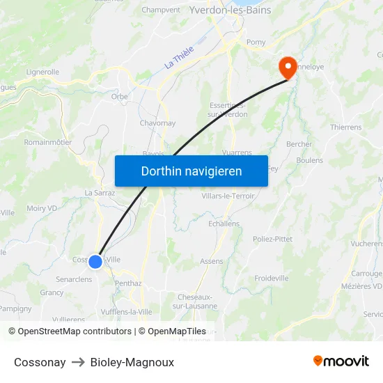 Cossonay to Bioley-Magnoux map