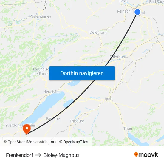 Frenkendorf to Bioley-Magnoux map
