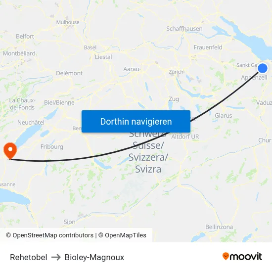 Rehetobel to Bioley-Magnoux map