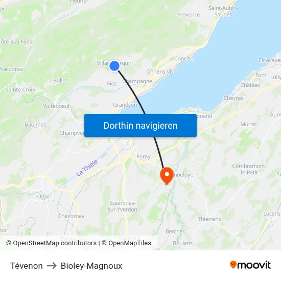 Tévenon to Bioley-Magnoux map
