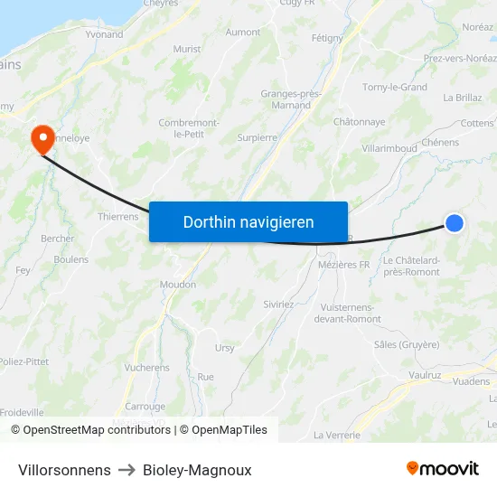 Villorsonnens to Bioley-Magnoux map
