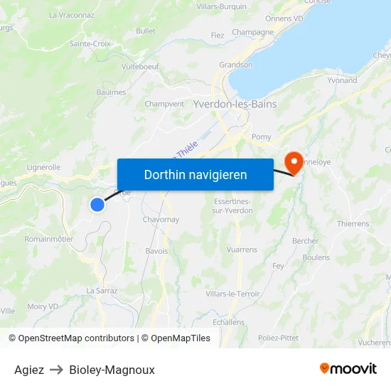 Agiez to Bioley-Magnoux map